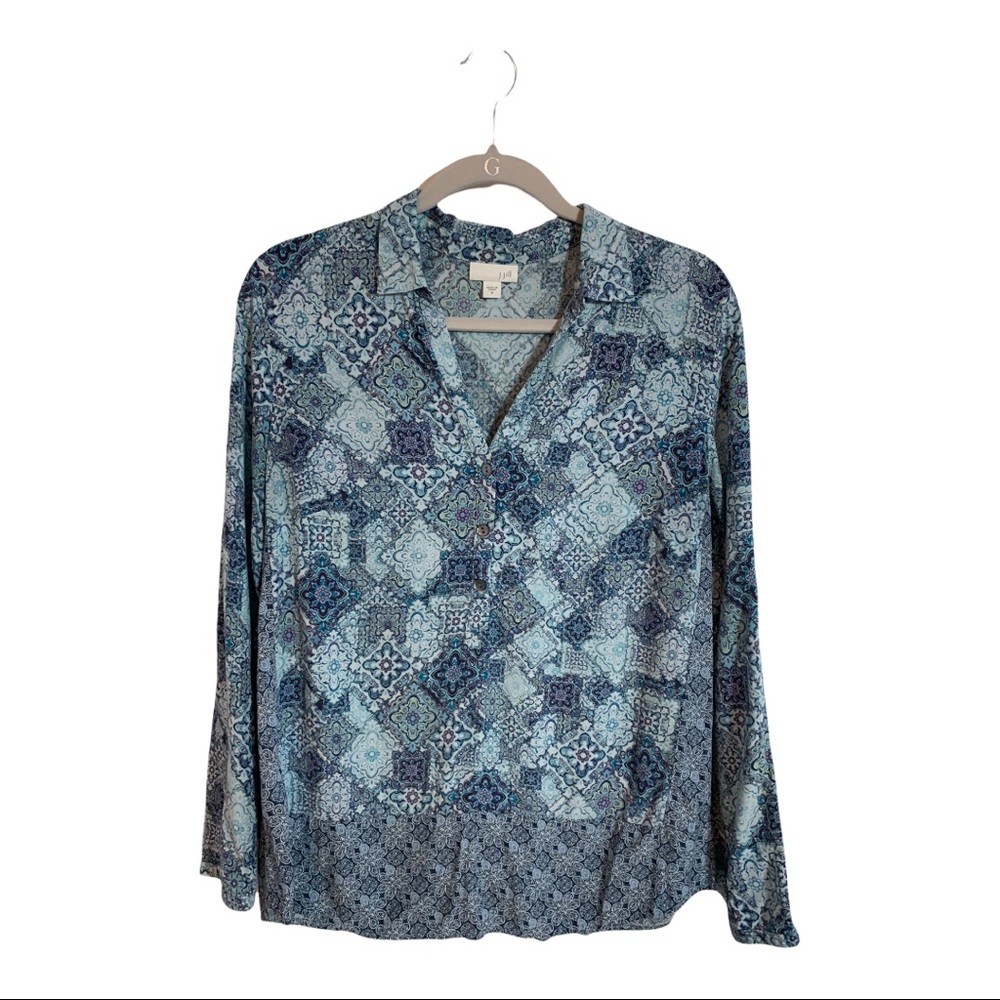 J Jill M Medium Blouse Tunic Button Top Purple Blue Pattern Collar. - Picture 1 of 4